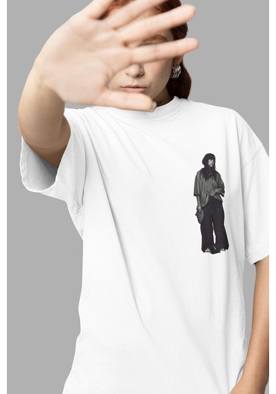Sevbano Billie Eilish Tasarım Arka Baskılı Unisex Oversize Şarkıcı Tişört Beyaz