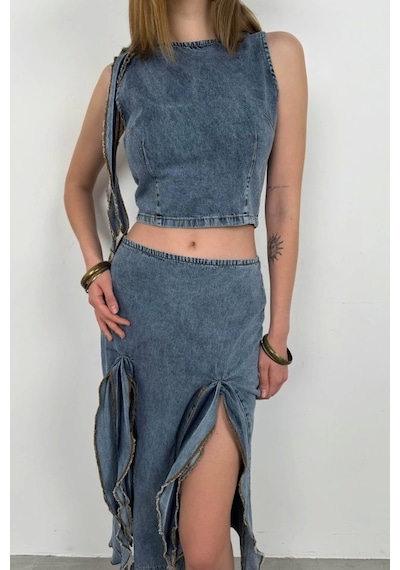 Defymoda Fırfır Detay Denim Bluz Açık Mavi