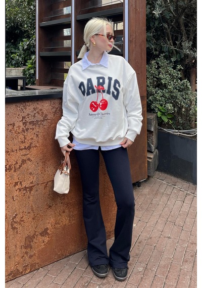 Beyaz Bisiklet Yaka Basic Sweatshirt Mg2233