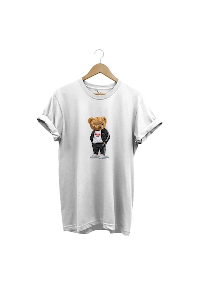 Sevimli Ayıcık Baskılı Love Tasarımlı %100 Pamuk Regular Fit Bisiklet Yaka Unisex T-shirt Beyaz