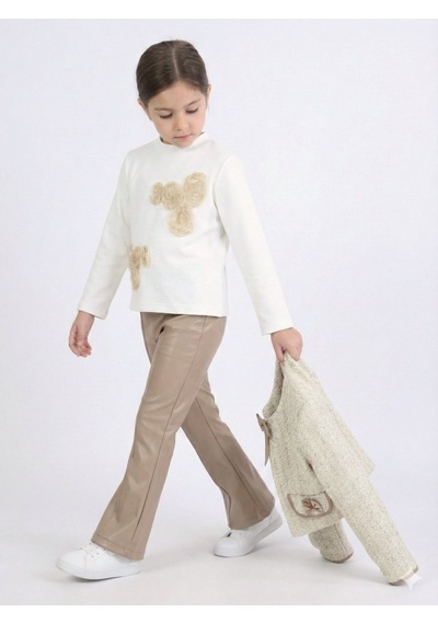 Xo Kids Kız Çocuk Tüvit Ceket Ve Deri Pantolon 3lü Takım 4-14 Yaş 4409 Bej - Kahverengi