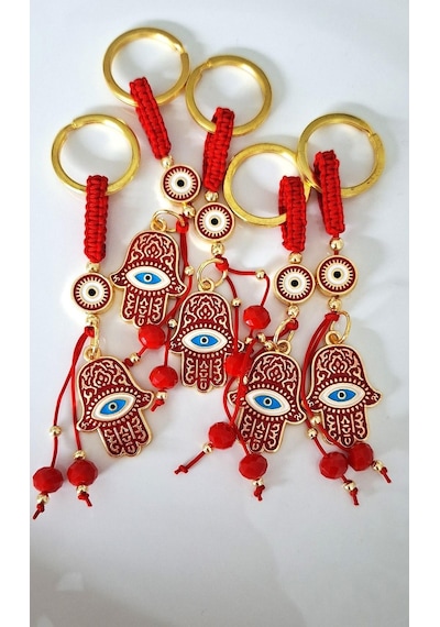 Hediyelik 3'lü Fatma Ana Eli & Hamse Anahtarlık - Kırmızı - 9,5 Cm