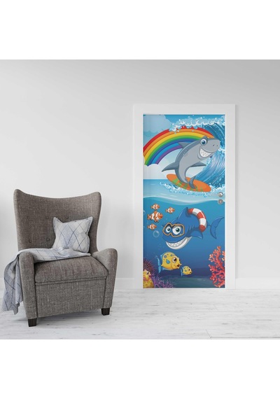 Kapı Giydirme Kapı Sticker Folyosu Köpek Balığı Gökkuşağı
