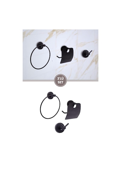 Vidalı Lavabo Banyo Wc Bez Havlu, Çatal Askı Ve Tuvalet Kağıtlık 3'lü Set Siyah Metal Siyah