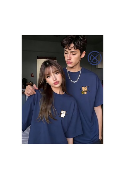 Nevermind Sevgili Kombin Tişörtü Müzik Yapan Kedi Baskılı Unisex Oversize % Lacivert