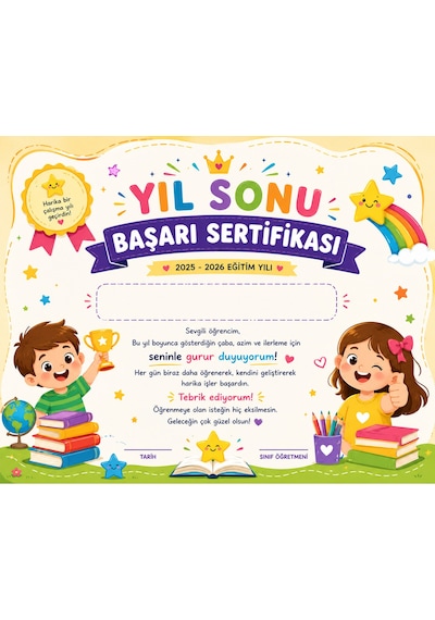 10 Adet Yıl Sonu Başarı Sertifikası 2025-2026 Eğitim Yılı Ilkokul Öğrencileri Için Motivasyon Ve Tebrik Belgesi