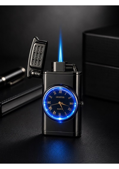 Premium Saatli Led Işıklı Jet Alevli Metal Çakmak Özel Lüks Çakmak Prestij Hediye Dolu Gönderim Füme