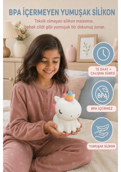 Unipo - Unicorn Figürlü Şarjlı Silikon Gece Lambası 3 Kademe Dokunmatik Usb-c Çok Renkli Çok Renkli