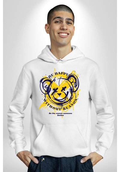 Sebep Olmadan Mutlu Ol Kadın Erkek Beyaz Kapüşonlu Sweatshirt Hoodie Beyaz