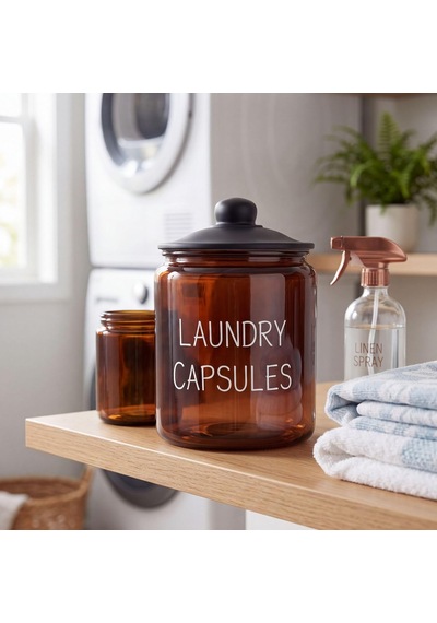 Laundry Capsules Yazılı 3900 Ml Amber Cam Kapsül Kavanozu, Siyah Kapaklı Çamaşır Odası Organizeri Çok Renkli