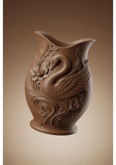 Kuğu Desenli Dekoratif Vazo 15 Cm 3d Baskılı Mat Dokulu Şık Masa Ve Raf Dekoru Kahverengi