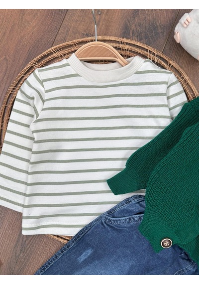 Bebicix Likralı Kot Pantolon Triko Hırkalı Badi 3'lü Erkek Bebek Takım Yesil