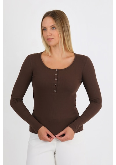 Hdm Kadın Kahverengi Uzun Kollu Fitilli Patlı Çıtçıtlı Basic Örme Bluz - H6172