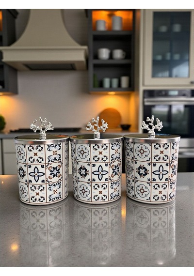 Baharatlık - Metal Kapaklı 3'lü Ceramic Desen Gümüş Kahverengi