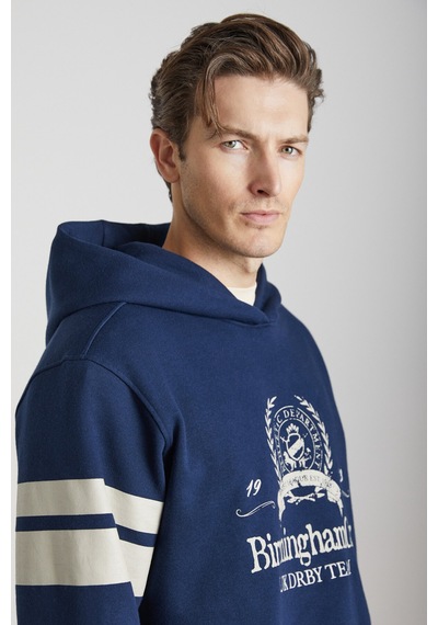 Grimelange Torrey Erkek Örme 3 Iplik Regular Fit Standart Kalıp Baskılı Kapüşonlu Lacivert Sweatshirt