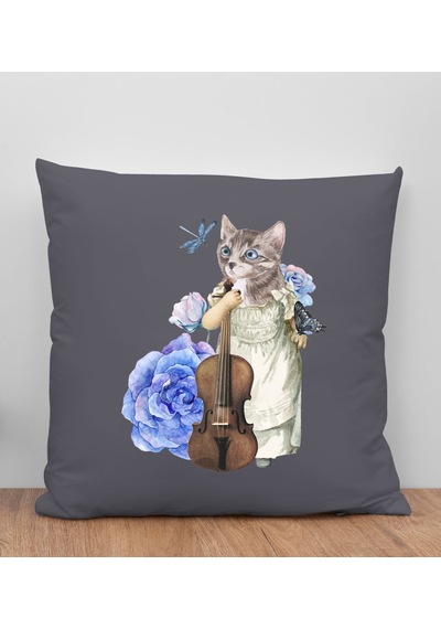Bk Gift Kedi Tasarımlı Antrasit Kırlent Yastık, Arkadaşa Hediye, Ev Dekorasyonu, Ev Hediyesi-3