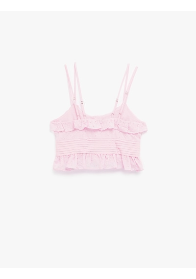 Koton Pamuklu Kolsuz Fırfırlı Yaka Düğmeli Brodeli Crop Bluz Pembe 5sal30039ıw Gül