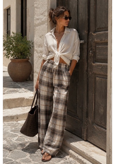Bb Butik Basic Kare Desenli %100 Pamuk Keten Palazzo Pantolon Bol Kesim Yazlık Pantolon My3535 Kahverengi Bb Butik Basic Kare Desenli %100 Pamuk Keten Palazzo Pantolon Bol Kesim Yazlık Pantolon My3535 Kahverengi