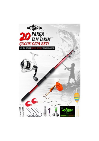20 Parça Tam Takım Çocuk Olta Seti - 165cm Kamış 50-150 Gr/20'lik Makine Beyaz