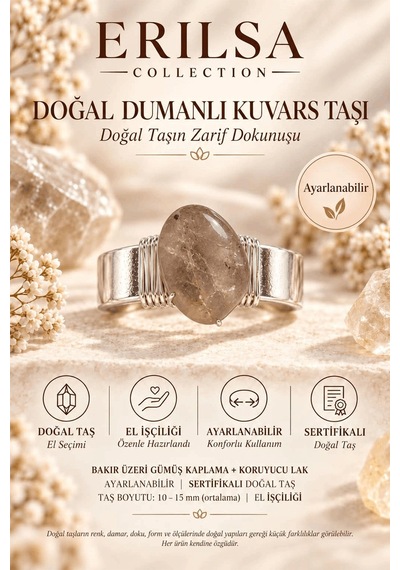 Sertifikalı Dumanlı Kuvars Taşı Doğal Taş Yüzük Gümüş Kaplama Bak Çok renkli