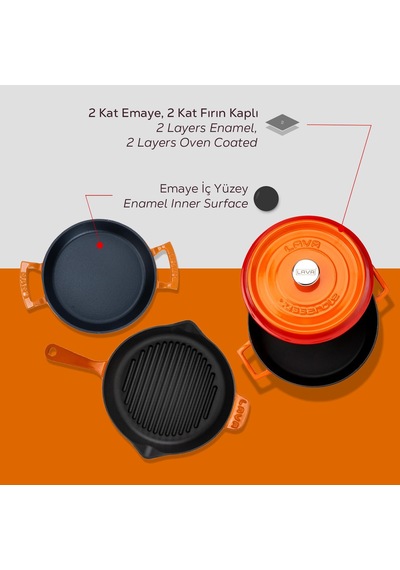 Lava Döküm Çeyiz Seti - Dayanıklı Ve Uzun Ömürlü Mutfak Seti Turuncu