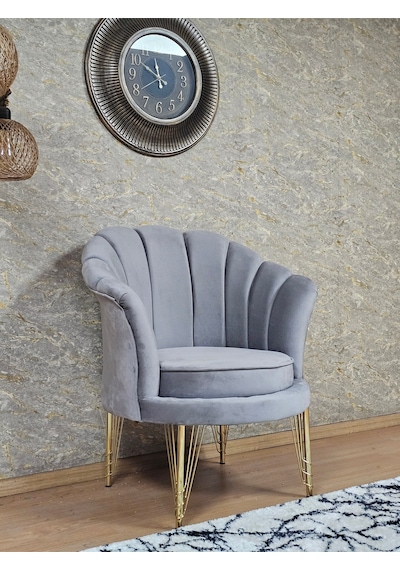 Zafir Tekli İstiridye Gold Kaplama Telli Ayak Çay Seti Koltuk Tekli Berjer , Balkon, Salon, Ofis Gri