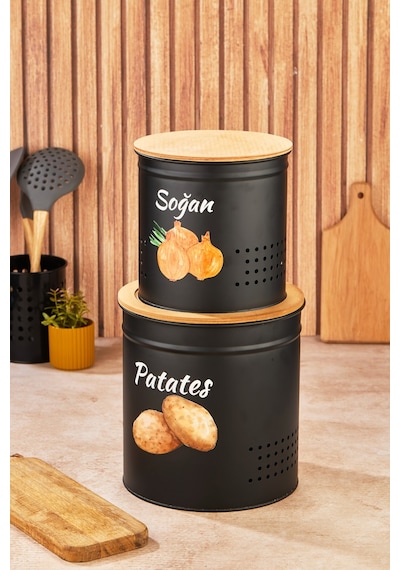 2 Katlı Ahşap Kapaklı Metal Patates Soğan Kovası - Sebzelik - Patates Soğanlık Sepeti Siyah