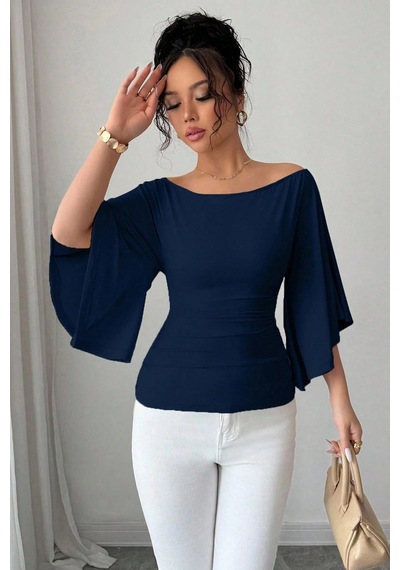 Kadın Lacivert Kayık Yaka Flare Kol Drapeli Fit Bluz Lacivert
