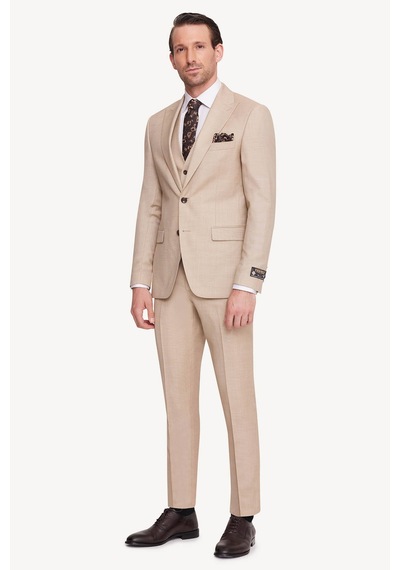 Erkek Bej Slim Fit Sivri Yaka Takım Elbise