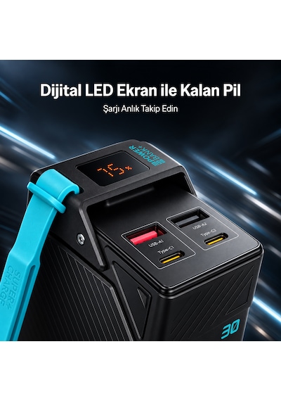 Bix Pb3010w 30000mah 65w Süper Hızlı Şarj Askı Tasarımlı Powerbank 4 Portlu Dijital Göstergeli Type-c Pd Taşınabilir Şarj Cihazı Siyah