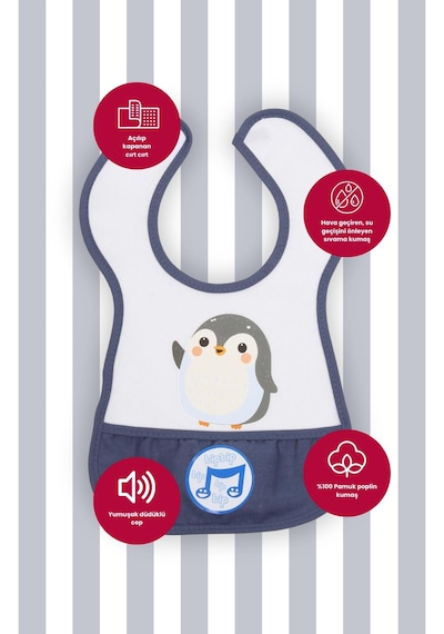 Düdüklü Cepli Sıvama Mama Önlüğü - Minik Penguen Bebek Önlüğü Koyu Mavi