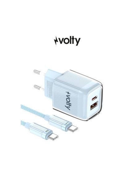 Hızlı Şarj Adaptörü 35w Gan + Type-c Kablo 60w Pd Usb-c & Usb-a, Laptop & Telefon Mavi-v0102021