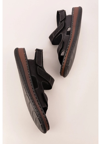 Gondol Unisex Hakiki Deri Cırtlı Ayarlanabilir Rahat Sandalet Hkm.31 Siyah