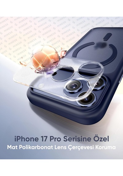 İphone 17 Pro Max İçin Magsafe İle Uyumlu Özel Geliştirilmiş Kamera Çerçevesini De Koruyan, Arkası Mat Polikarbonat Kenarları Silikon Akıllı Tasarım Kılıf Mavi, 17 Pro Max