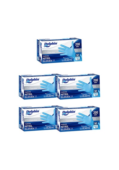 Dolphin Tek Kullanımlık Lateks Mavi Pudrasız Nitril Muayne Eldiveni Medium Orta Boy 100'lü 5 Paket