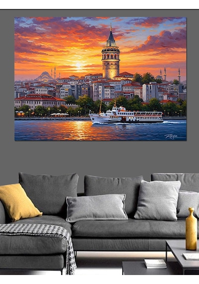 İstanbul Galata Kulesi Günbatımı Dekoratif Kanvas - Mdf Ahşap Tablo