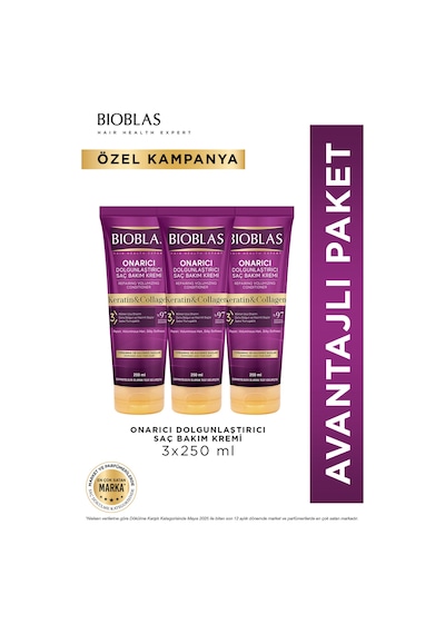 Keratin & Kolajen Onarıcı Dolgunlaştırıcı Saç Bakım Kremi 3 X 250 Ml İnce Ve Yıpranmış Saçlar