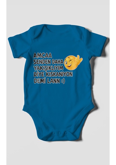Morivokids Amaa Senden Daha Yazılı Kısa Kollu Bebek Body %100 Pamuk Koyu Mavi