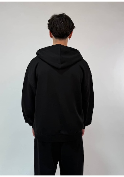 Zaee İnce Kumaş Nakışlı Oversize Premium Zip Hoodie siyah