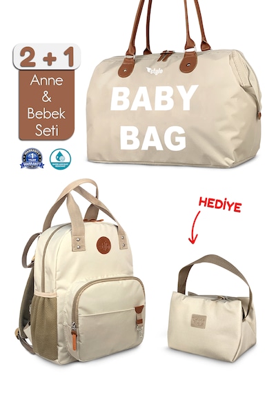 Stylo Bebek Bakım Kadın Omuz Çantası + Popi Anne Kadın Sırt Çantası + Termos Çanta Babypopi Bej TK