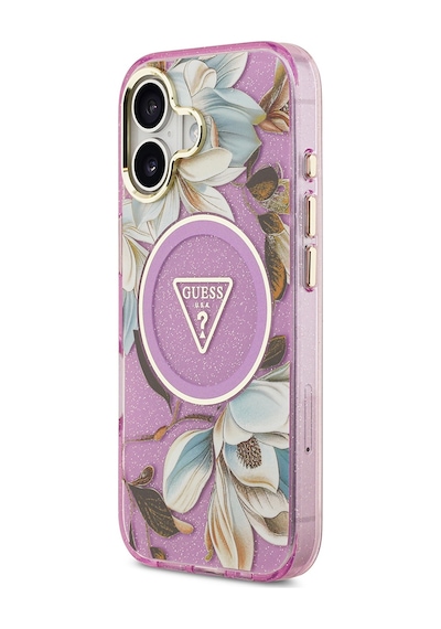 Apple Uyumlu iPhone 17 Kılıf Guess Lisanslı M-safeli Simli Çiçek Desenli Metal Kamera Çerçeveli Üçgen Logolu Mor Mor