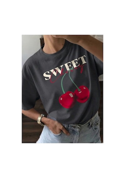 Kadın Coquette Sweet Cherry Baskılı T-shirt Gri