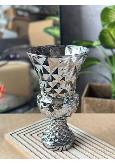 Diamond Desenli Kristal Cam Vazo - 28x15 Cm Hediyelik Lüx Vazo Modern & Lüks Dekoratif Büyük Boy Vazo Şeffaf