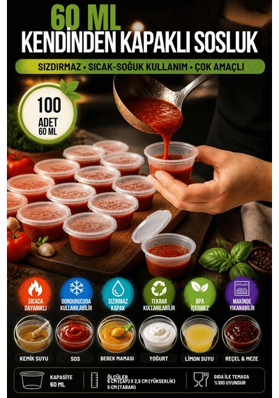 100 Adet 60 Ml Sızdırmaz Mini Saklama Kabı Sosluk Buzluk Kabı Mıt1366 Şeffaf