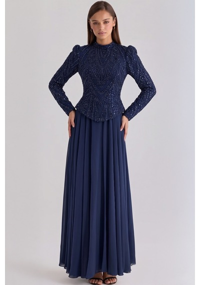 Olcay Boncuk Ve Pul Desenli Şifon Kombinli Exclusive Tesettür Abiye Elbise Lacivert 1073 Olcay Boncuk Ve Pul Desenli Şifon Kombinli Exclusive Tesettür Abiye Elbise Lacivert 1073