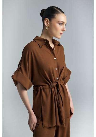 Beli Bağlamalı Kimono Gömlek - Kahve-137287