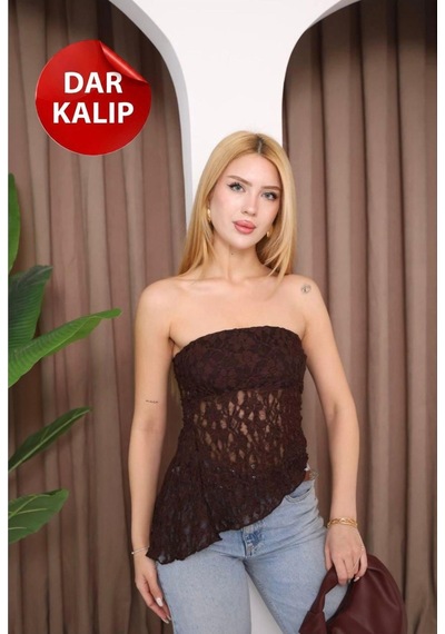 Moda Banuş Straplez Yaka Dantelli Asimetrik Body Kahverengi Gri