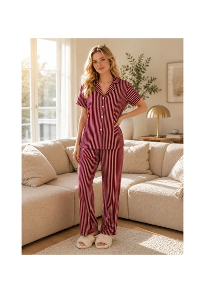 Rindahomewear Kadın Milan Çizgi Desenli Düğmeli Pijama Takımı Bordo