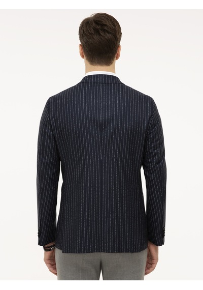 Cacharel Lacivert Slim Fit Keten Karışımlı Çizgili Ceket