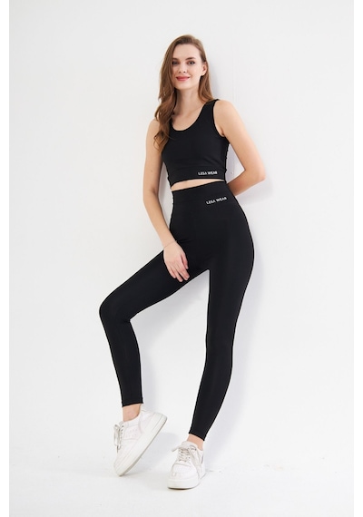Lesa Wear Yüksek Bel Likralı Toparlayıcı Tayt Crop Takım Siyah